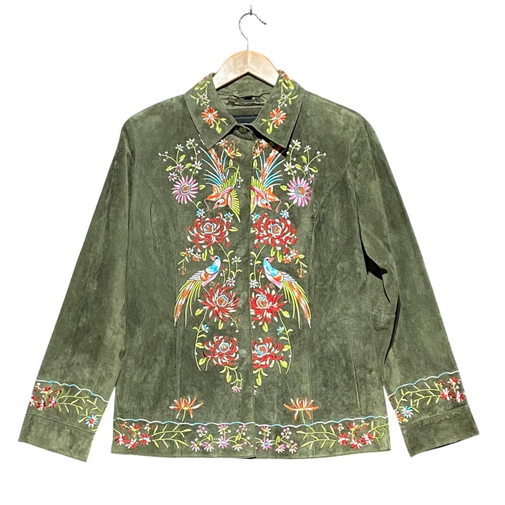 Avanti New York Olive Green Suede Leather Embroidered Bird Floral Jacket XS